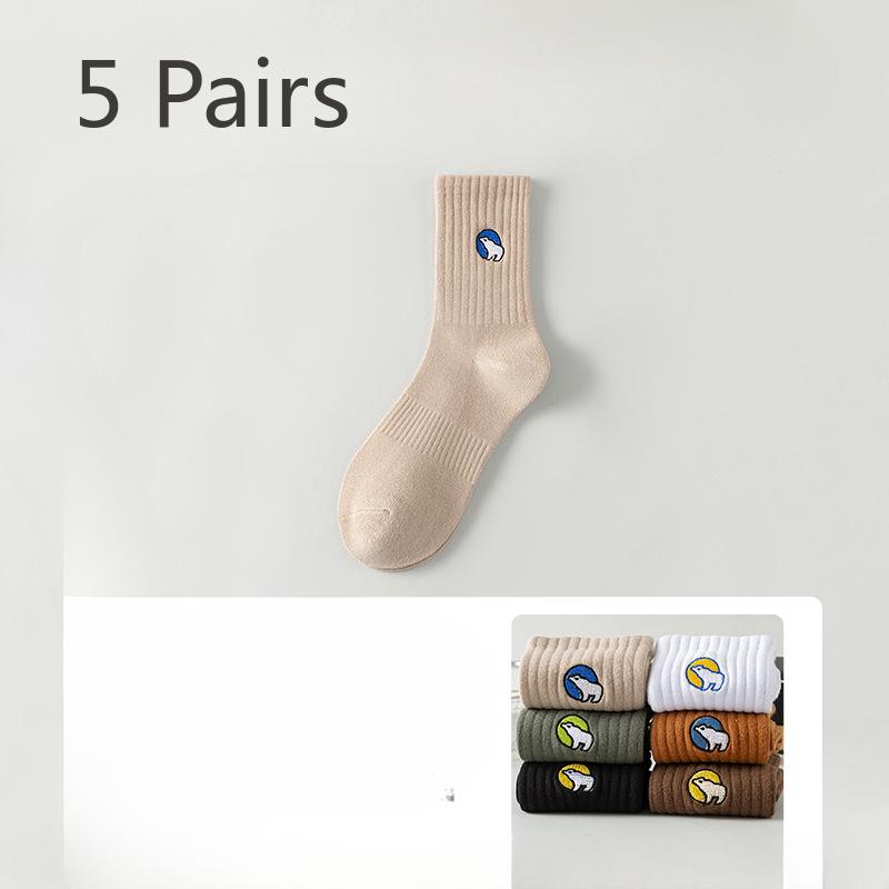 5 Pairs of Men's Autumn Cotton Sports Thick Embroidered Sweat Absorbing Deodorizing Mid Tube Socks