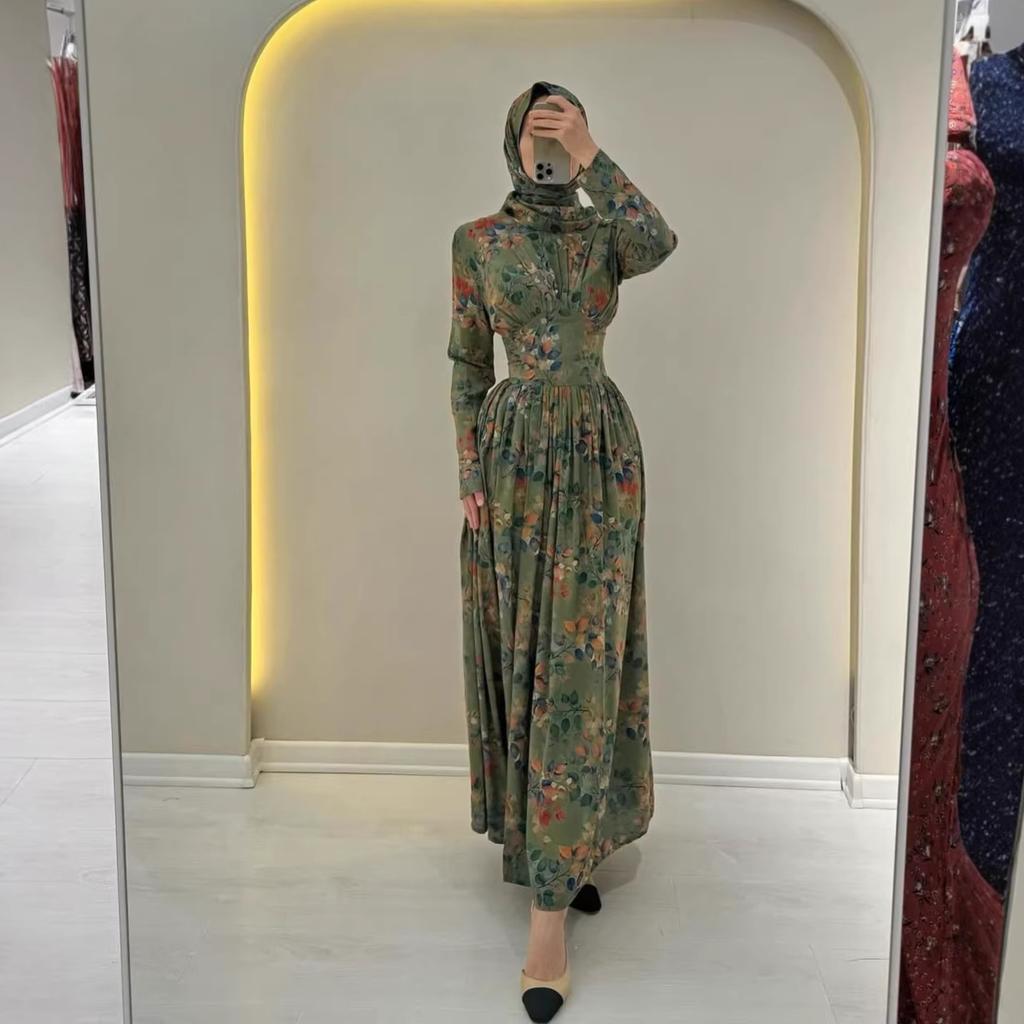 Middle East Arabia Dubai Saudi Arabia Spring New Floral Skinny Long Sleeve Pendulum Dress Women's Skirt