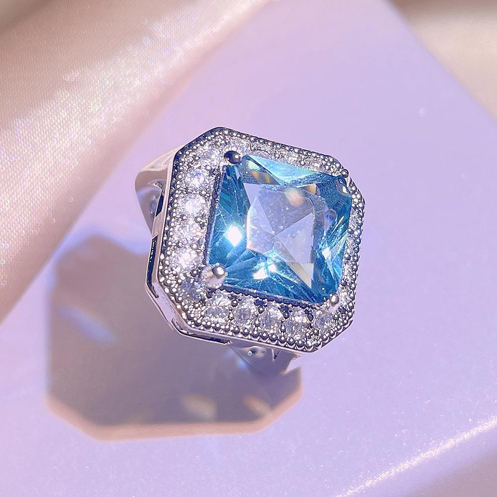 Luxury Female Rings  Sterling Silver Blue Square Imitation Gem Zircon Rings for Women Finger Rings Wedding Bands