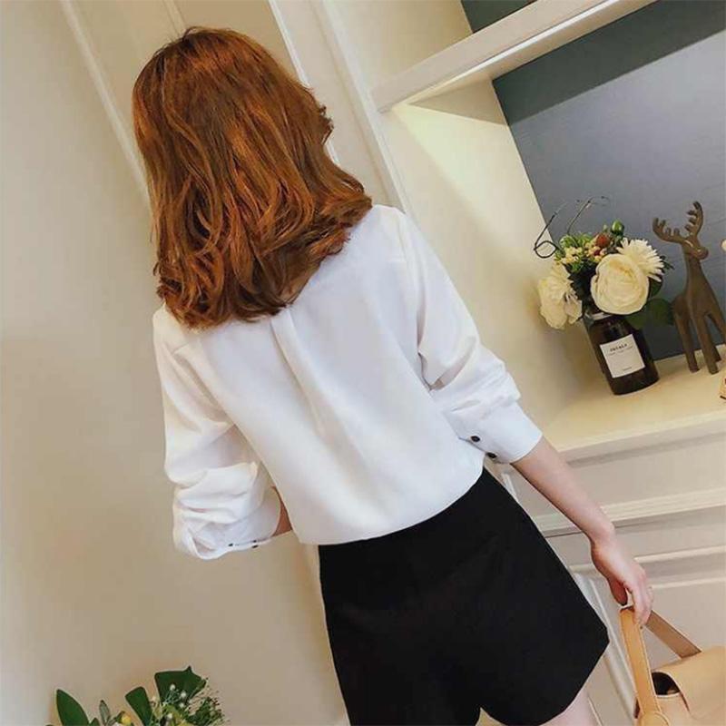 Loose All-match Solid Color Student Bow Chiffon White Shirt Ladies Long-sleeved Bottoming Shirt Commuting
