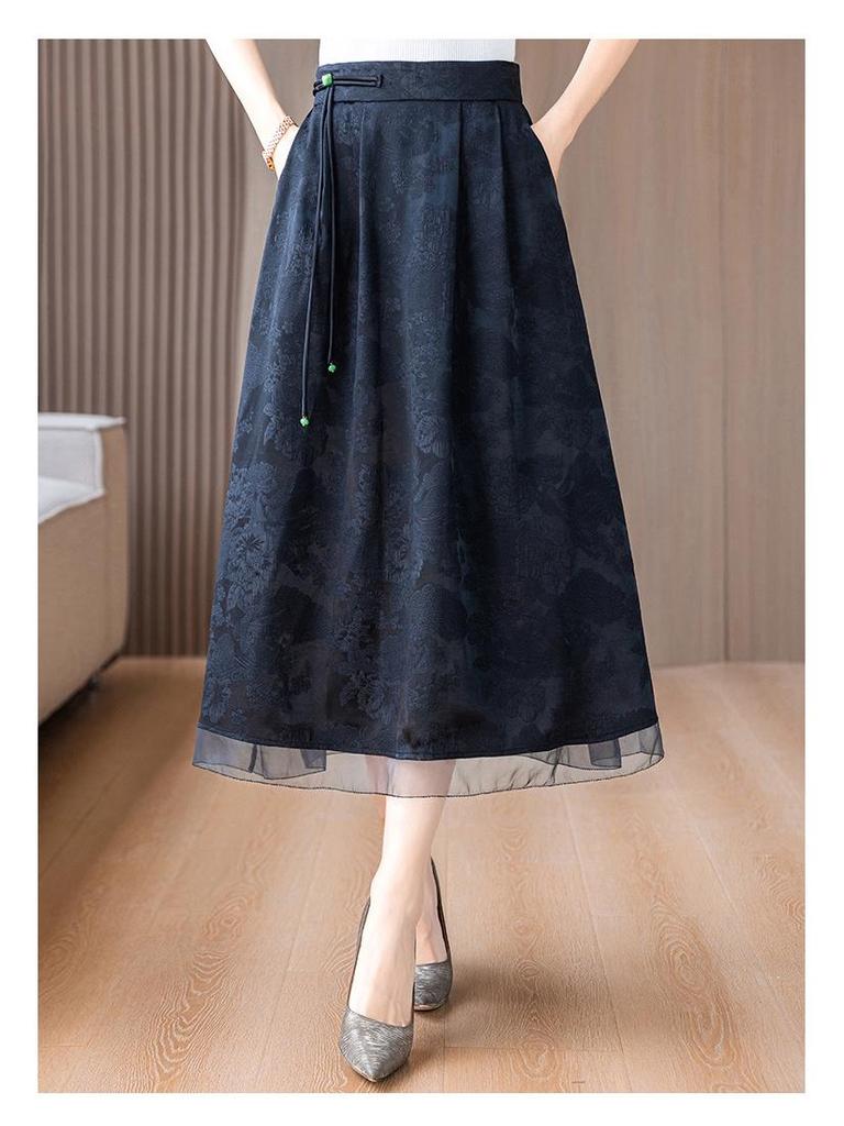 Damen Frühling/Sommer Schwarzer Jacquard A-Linien-Rock: Retro High Waist Schlankmachend für Mütter mittleren Alters