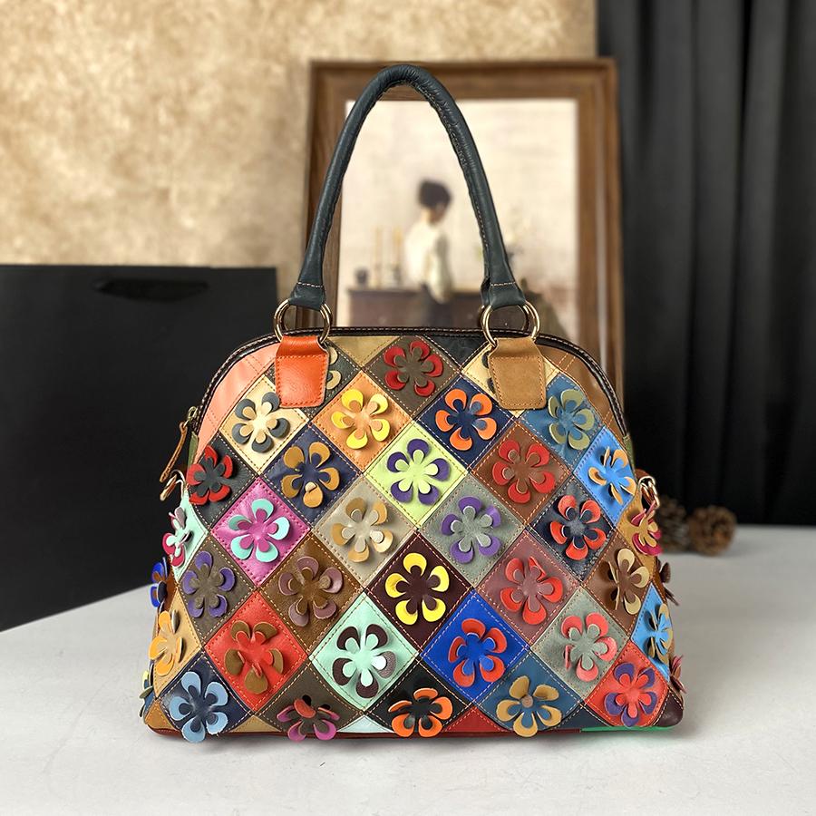 

New Genuine Leather Cowhide Bag, Fashionable Floral Women S Bag, Color-Blocking Hand-Held Crossbody Bag