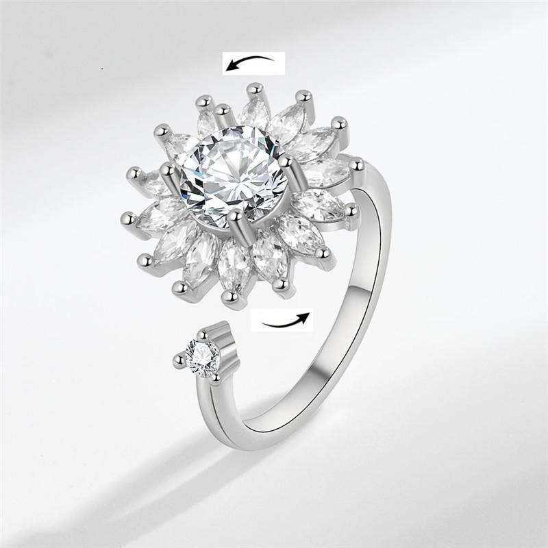Mote Fidget Spinner Ring Angst for Kvinner Flere Krystall Solsikke Fingerringer Roter Anti Stress Zirkon Bryllupsgave