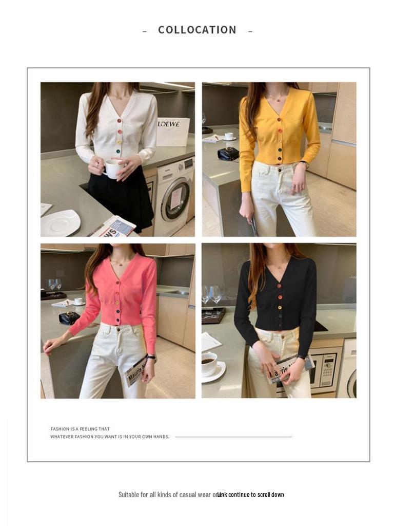 Women's Long Sleeve Slim Knit Cardigan with Colorful Buttons