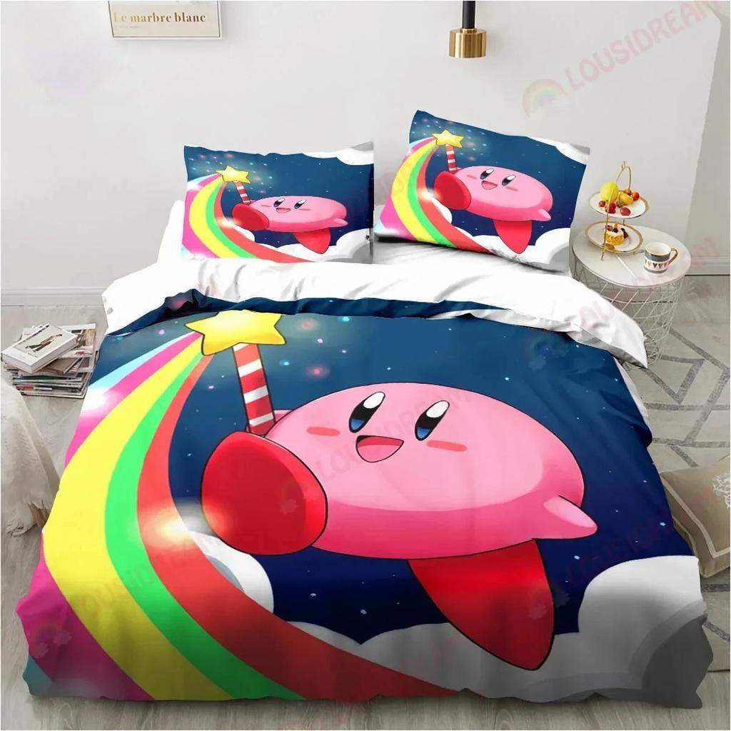 Tegneserie Kirby Trykk Dynetrekk Sengetøy, 2-delt Sett Dynetrekk Matchende Putetrekk med Glidelåslukking Myk Mikrofiber Enkelt