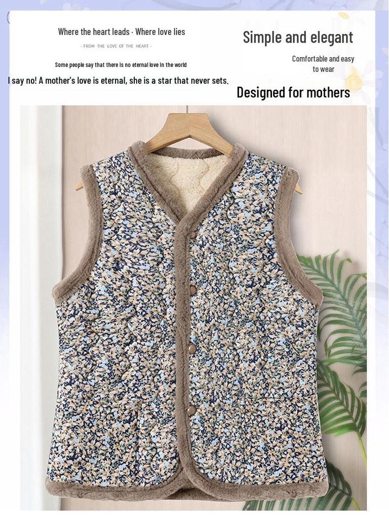 Mom's Floral Fleece-Lined Vest: Small, Cotton Sleeveless Jacket for Autumn/Winter Warmth, Princess Style