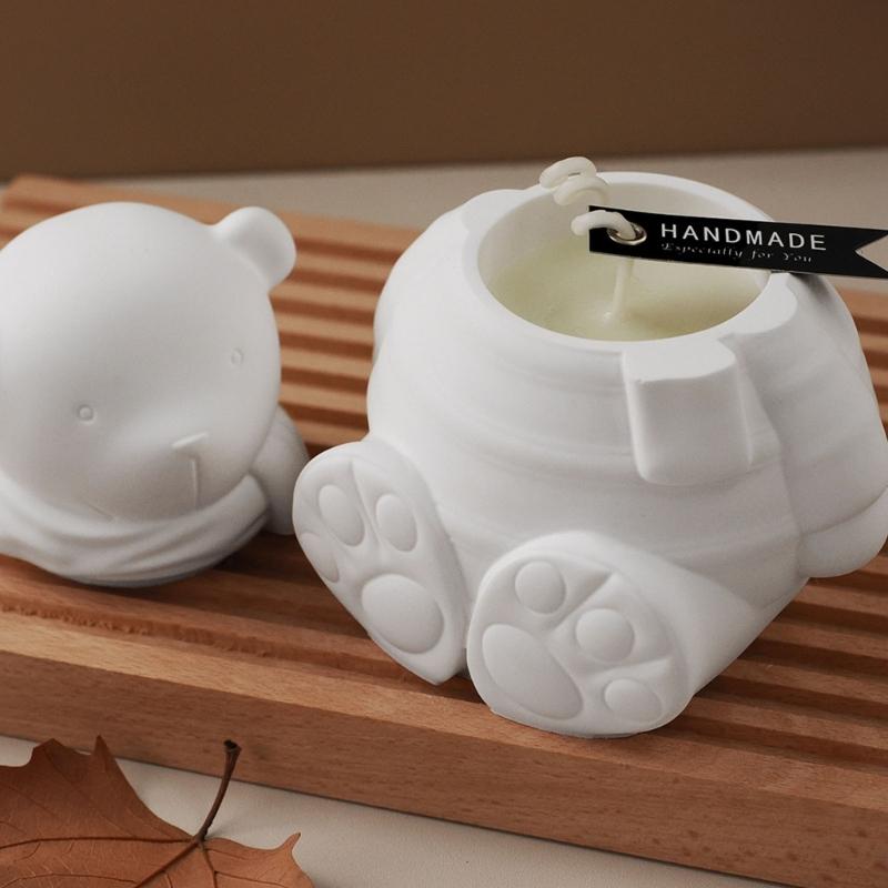 Bear Statue Resin Jar Molds Candle Cup Silicone Mould with Lid for Making Candle Container Chocolate Holiday Decoration