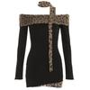 French-style Off-shoulder Leopard Print Patchwork Long-sleeve Dress for Women, New Spring Slimming Pencil Short Skirt