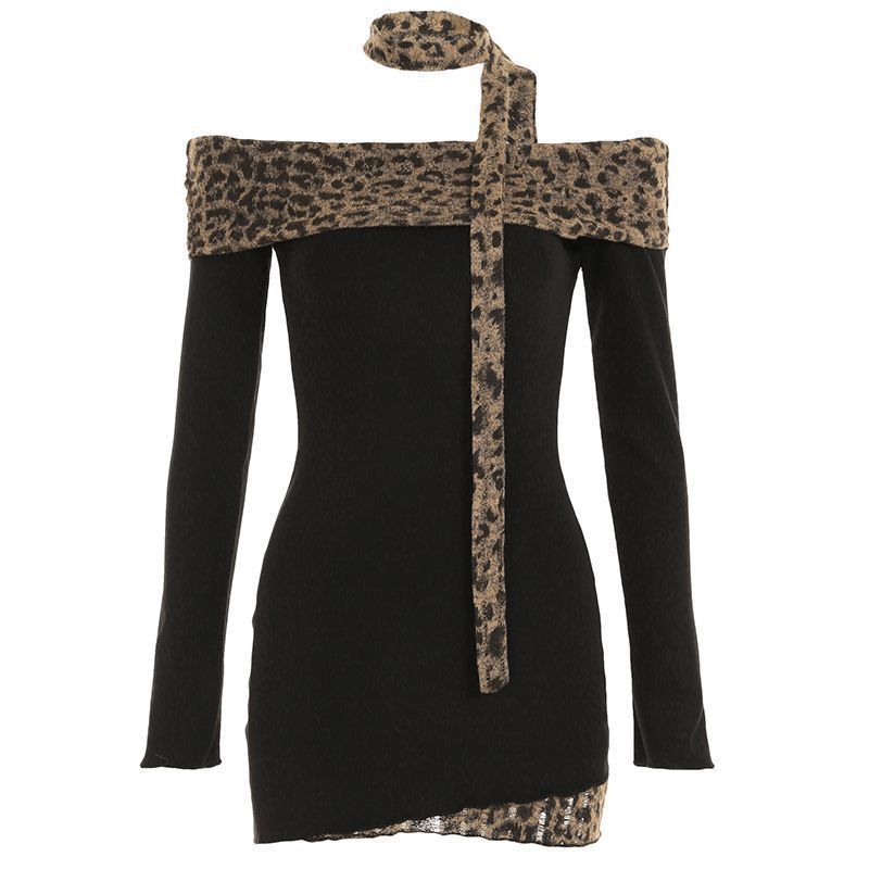French-style Off-shoulder Leopard Print Patchwork Long-sleeve Dress for Women, New Spring Slimming Pencil Short Skirt