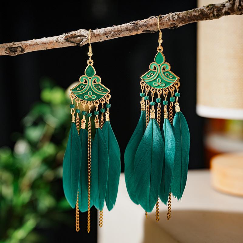 Bohemian Ethnic Feather Tassel Dangle Earrings For Women Trendy Long Beads Indian Drop Earrings Female Vintage Boho Jewelry Gift