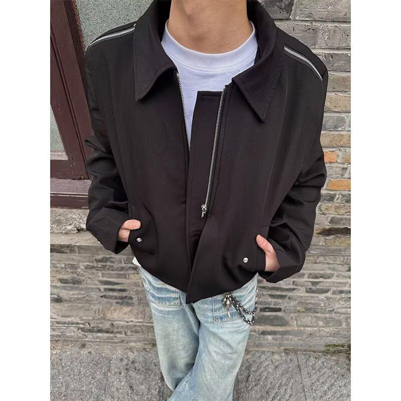 

American versatile loose solid color jacket men s spring and autumn new Korean version casual simple lapel jacket couple top 3XL чёрный