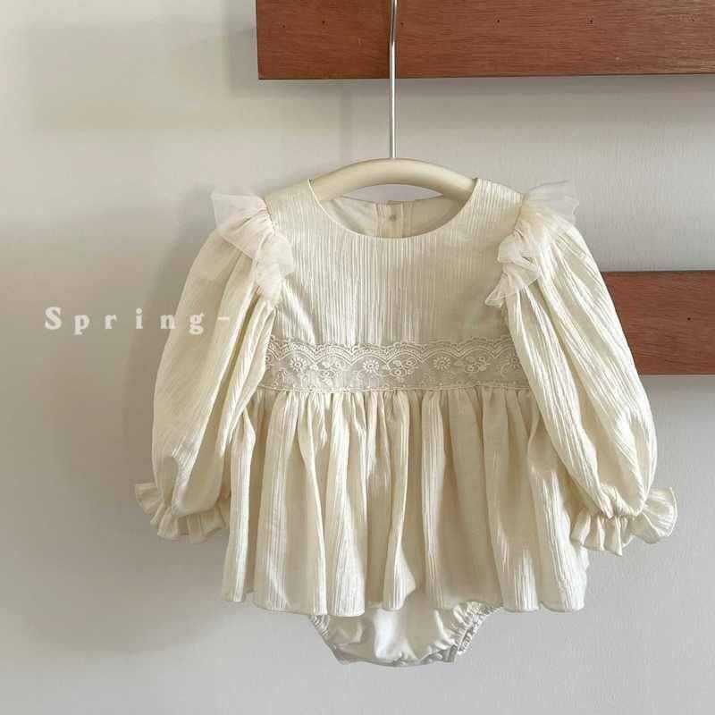 2026 New Spring Korean Style Baby Girl Romper Long-Sleeve Sweet Versatile Lace-Trimmed Triangle Romper Apricot Romper 73CM