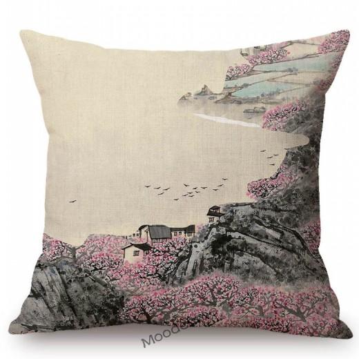 Traditional Chinese Ink Oil Painting Mountain Scenery Cotton Linen Sofa Throw Pillow Case Home Decoration Car Cushion Cover Case
