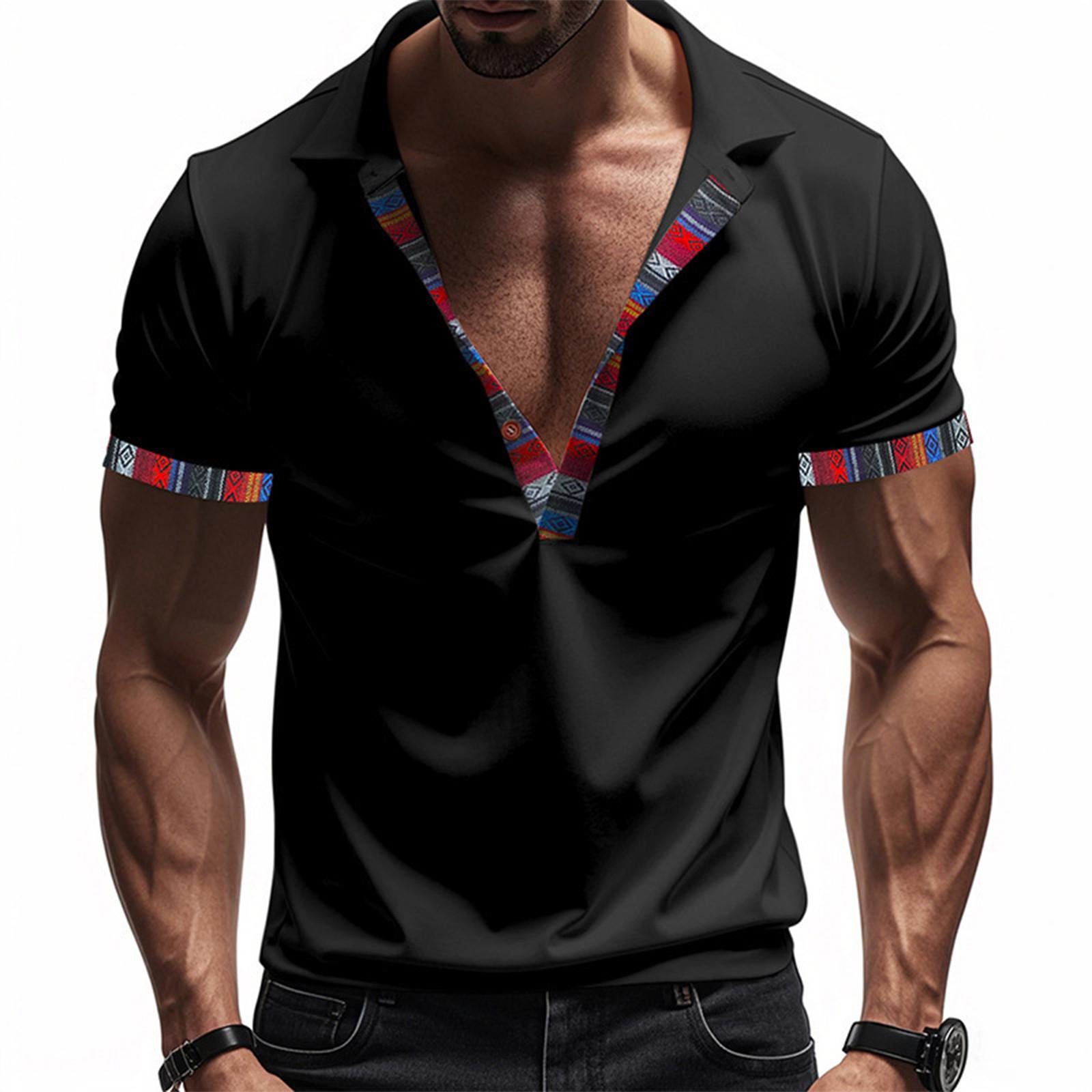 

Men S Fashionable Lapel Color Blocking Shirt Casual Long Sleeve Top XXXL чорний