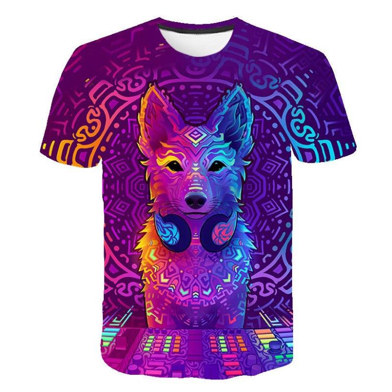 Summer New Cartoon Colorful Fox Dog 3D Digital Printed T-shirt Men's Short Sleeved T-shirt