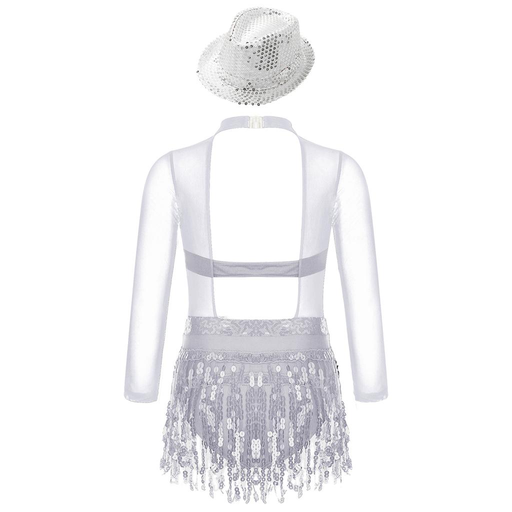 Mädchen Jazz Tanzkleid Langarm Hohlrücken Patchwork Design Glänzende Pailletten Quasten Bühnenoutfit