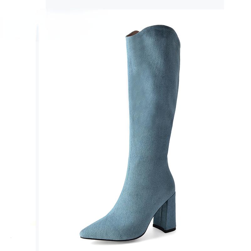 

ANNYMOLI/женские ковбойские высокие сапоги до колена с острым носком на толстом высоком каблуке и застежкой-молнией, джинсовые ботинки в западном стиле, женская модная обувь, зима 43 33 небесно-голубой