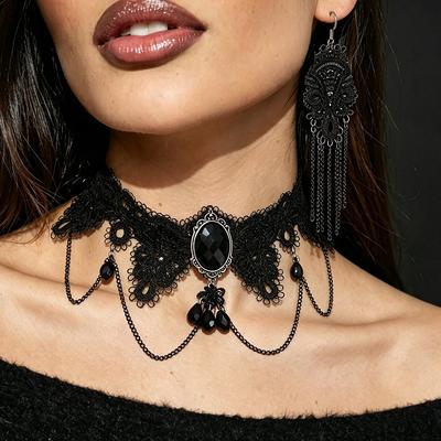 N11110 Dark Gothic Design Sense Personalized Black Lace Chain Fringed Necklace Earrings Set Choker