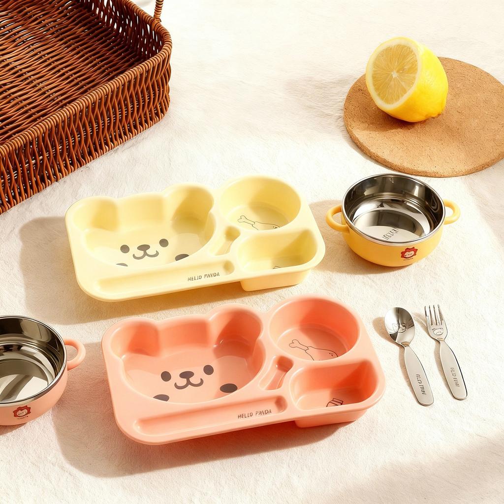 Children Food Plate With Compartment Cartoon Plastic Divided Dinner Plate Reusable Dessert Fruit Plate Dishes Microwave Safe