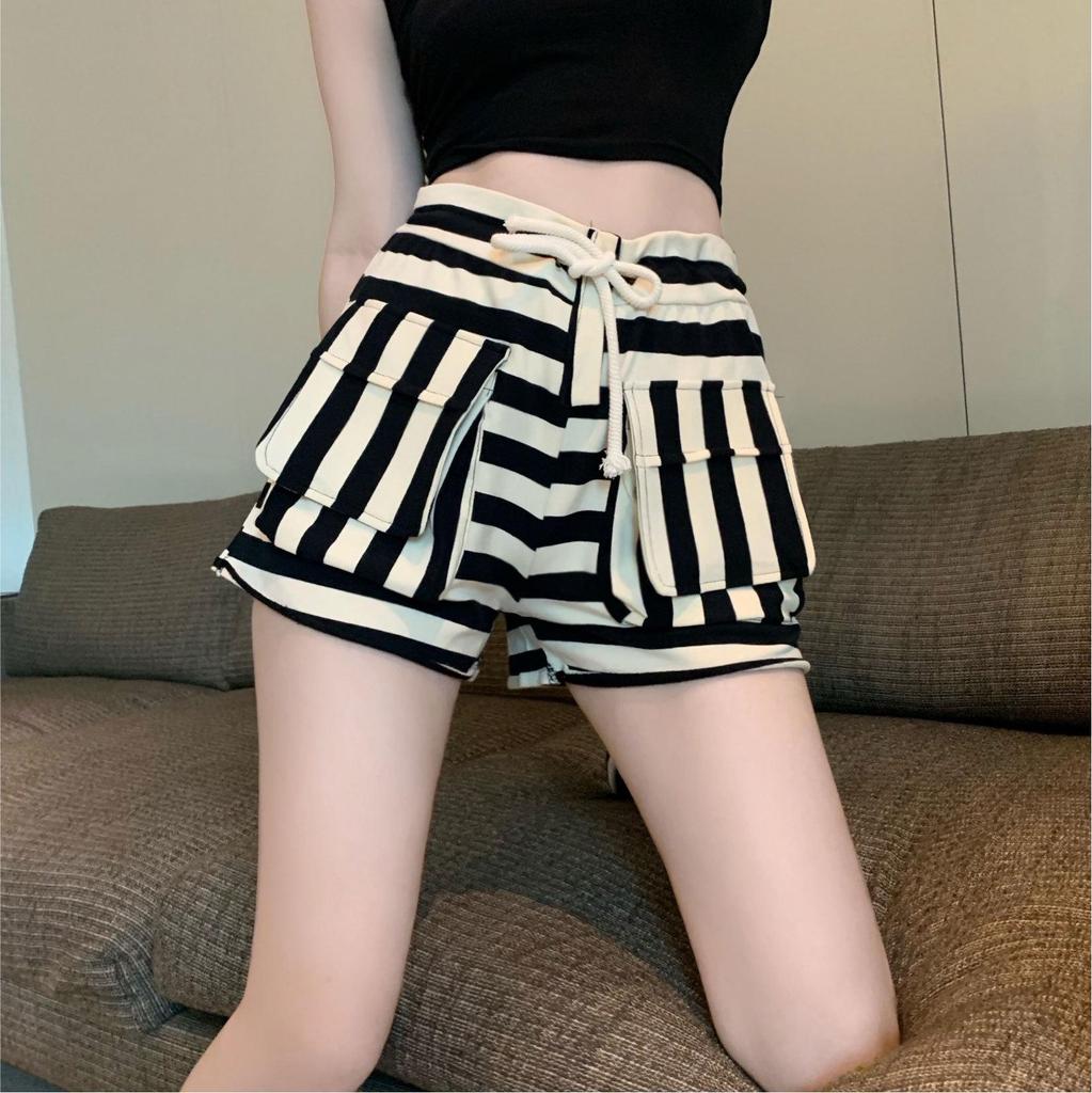 High-Waisted Striped Women's Summer Shorts - Elastic Waist, Loose Wide-Leg, A-Line Style, Slimming Sports Look