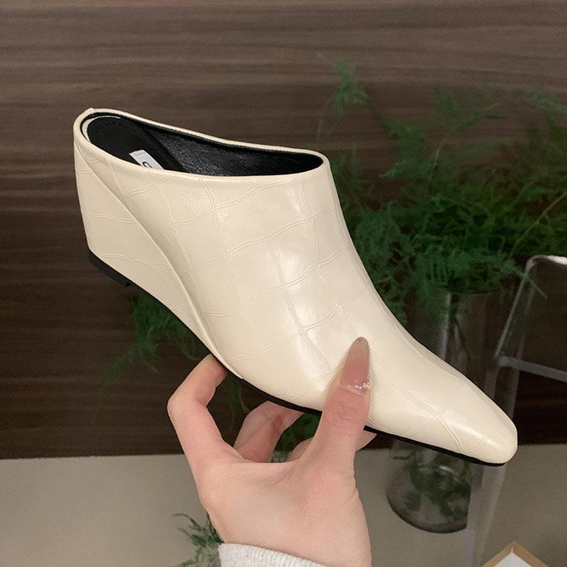 

Fashion Women Wedges Slippers Slides Shoes Outdoors Footwear Female Mules Fashion Square Toe Ladies Heeled Slippers Sandals Shoes 37 бежевий
