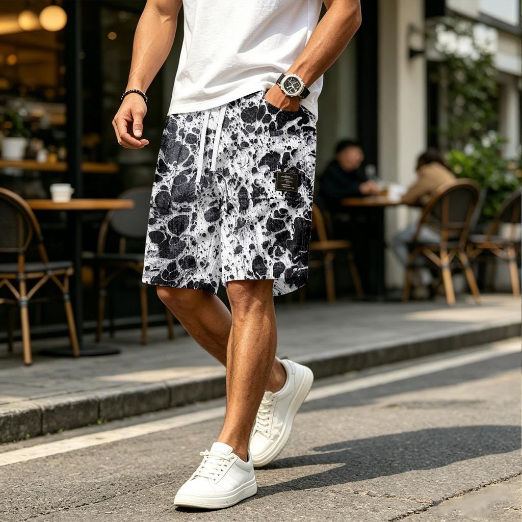 Men Casual Corduroy Drawstring Shorts Gradient Pattern Elastic Waistband Comfortable Fit Suitable for Everyday Wear