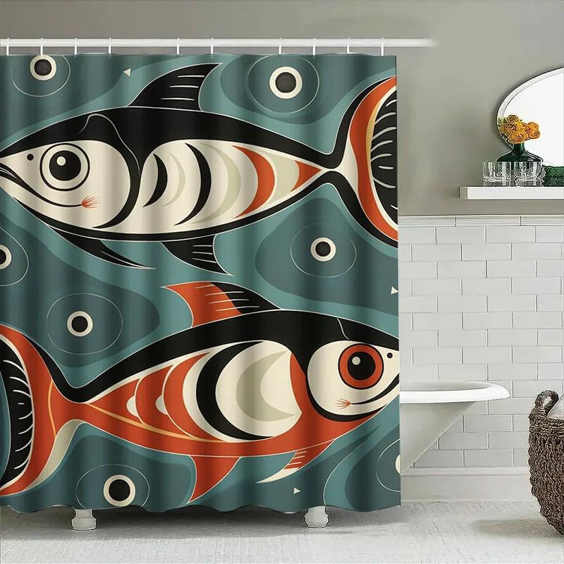 Modern Artistic Colorful Fish Pattern Waterproof Shower Curtain For Stylish Bathroom Decor, Easy Install