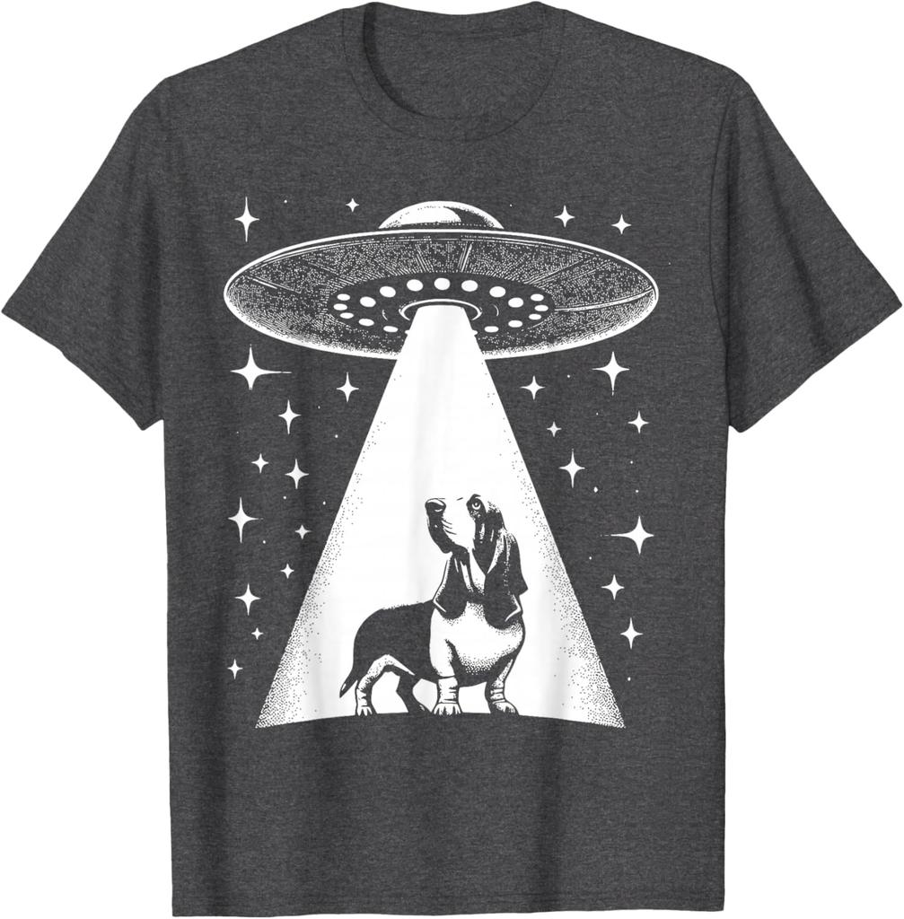 Basset Hound UFO Alien Abduction Graphic Tee Funny Dog Lover Gift T-Shirt