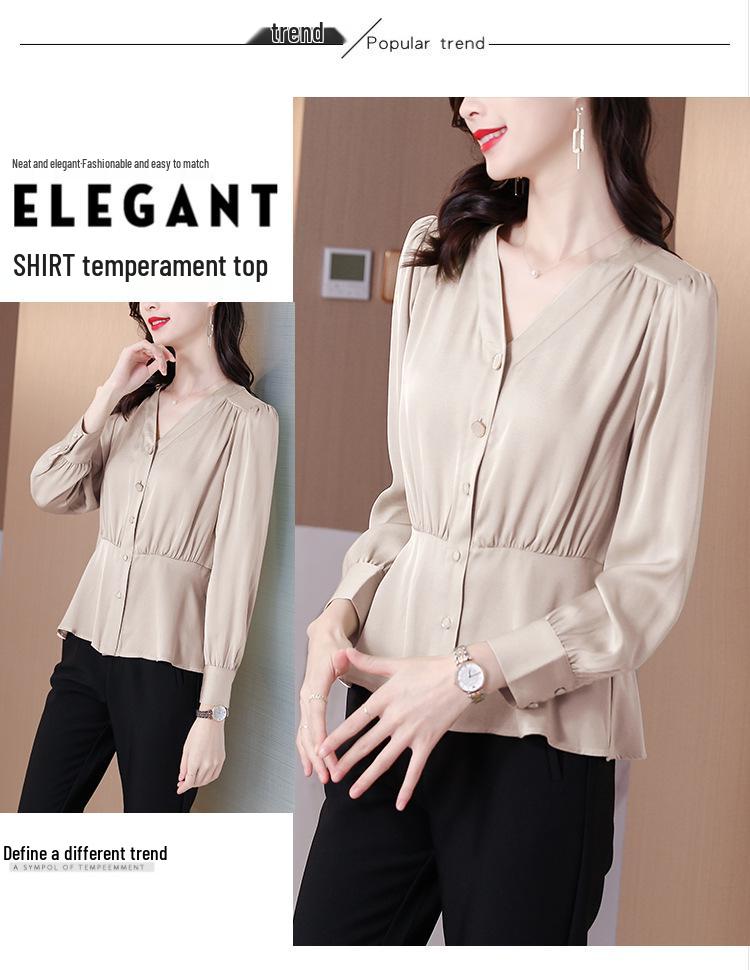 2023 Women's V-Neck Satin Silk Long Sleeve Top - Autumn Fashion Slim Waist Design