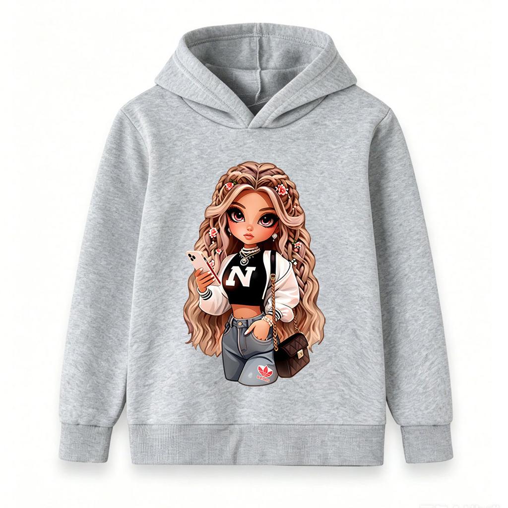 Kids Girls Boys Cute Cartoon Doll Print Pullover Hoodie, Cozy Long Sleeve Casual Sweatshirt For Daily Wear School Street Hip Hop Style Tops For