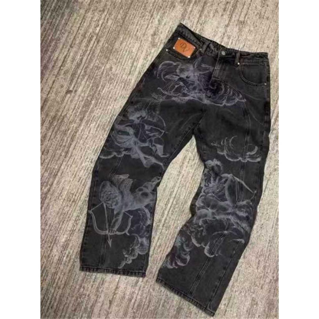 DRIPX Fashion Cupid Angel Wide Leg Jeans Graphic Y2k Retro Washed Jeans Print High Waist Loose Men Women Versatile Hip Hop Streetwear