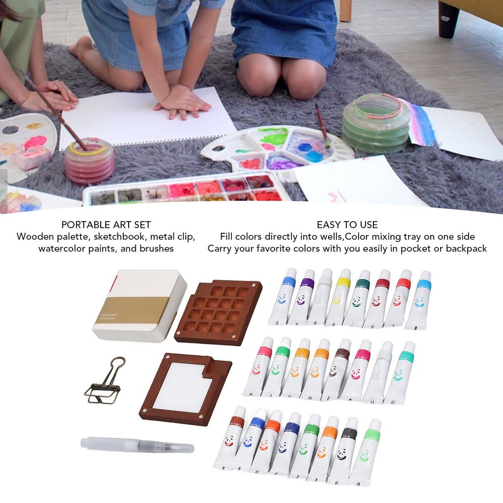 Portable Watercolor Palette Set 24 Color Paints Painting Brush Tiny Mini Artist Watercolor Travel Set with Clip