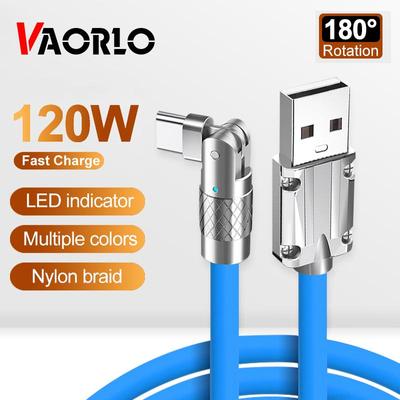 VAORLO Kabel ładujący 120 W 6A typu C Obrót o 180 stopni Metalowy kabel ładujący Szybkie ładowanie dla kabla danych Xiaomi Huawei USB-C