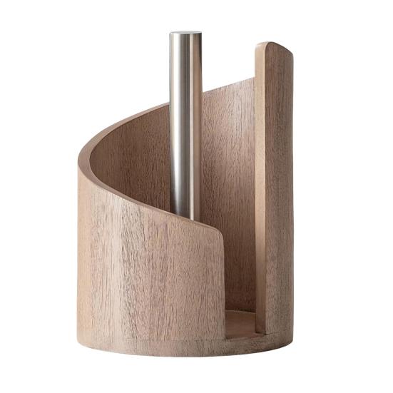 Mountain Paper Towel Holder Countertop with Wood Round Base And Iron Holder One-Hand Tearing Wood Paper Towel Holder for Kitchen Dining Room