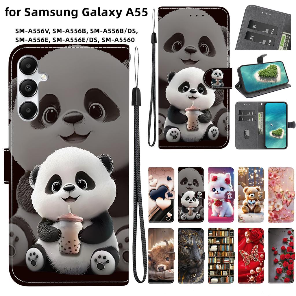 Handmade PU Leather Flip Case for Samsung Galaxy A55 (A556V/A556B/A556E)- Anti-Slip Shockproof Cover with Wrist Strap & Heart/Rose Cat Designs