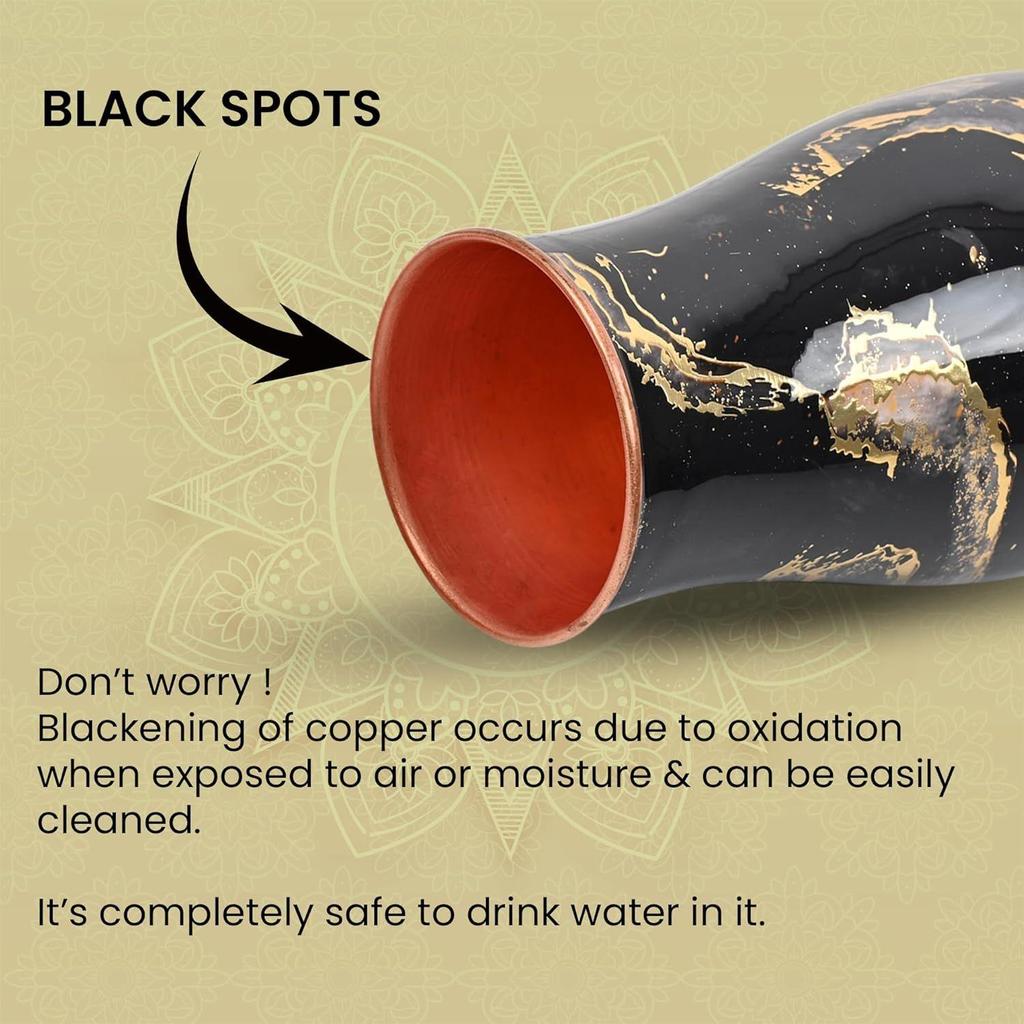 Copper Bottle with Built in Glass Joint Free and Black Marble Enameled Design Finish Bottle for Ayurvedic Health Benefits Yoga 1000 ML,