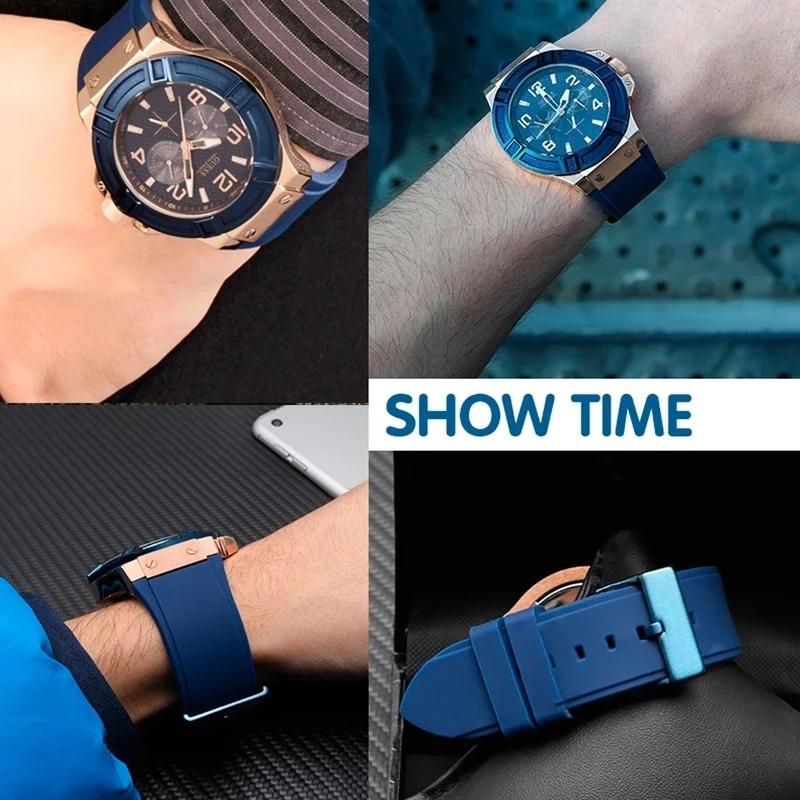 Waterdichte Ademende Massief Roestvrij Staal Gesp Siliconen Horlogebanden 22mm voor Guess W0040g3 W0040g5 W0247g3 Horlogeband