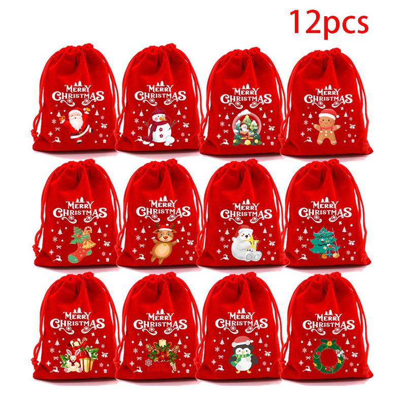 

12 шт. Рождественские бархатные мешочки на шнурке, Рождественские конфетные подарочные мешочки, красные, с изображением рождественского человечка и оленя, мешочки для подарков на Новый год, сувениры для вечеринки Other