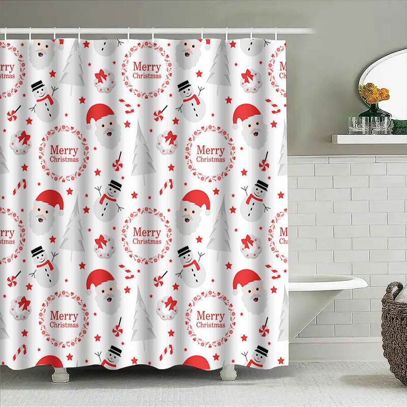 Snowman Santa Claus Shower Curtain Christmas Decorations For Bathroom Red White Print Pattern Size: 180X245Cm (71 X 96 Inch)