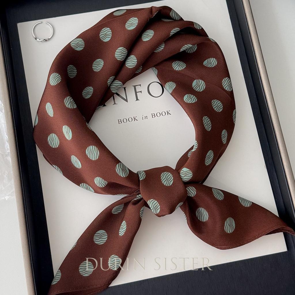 Retro mocha polka dot coffee silk scarf double crepe silk small square scarf 111 mulberry silk senior women's spring and autumn new models