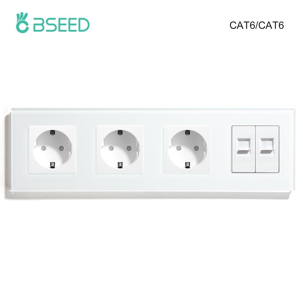 BSEED Dual Internet Sockets CAT6 Wall Socket EU Power Sockets Plus Network PC Data Computer Connecter Outlets Glass Panel