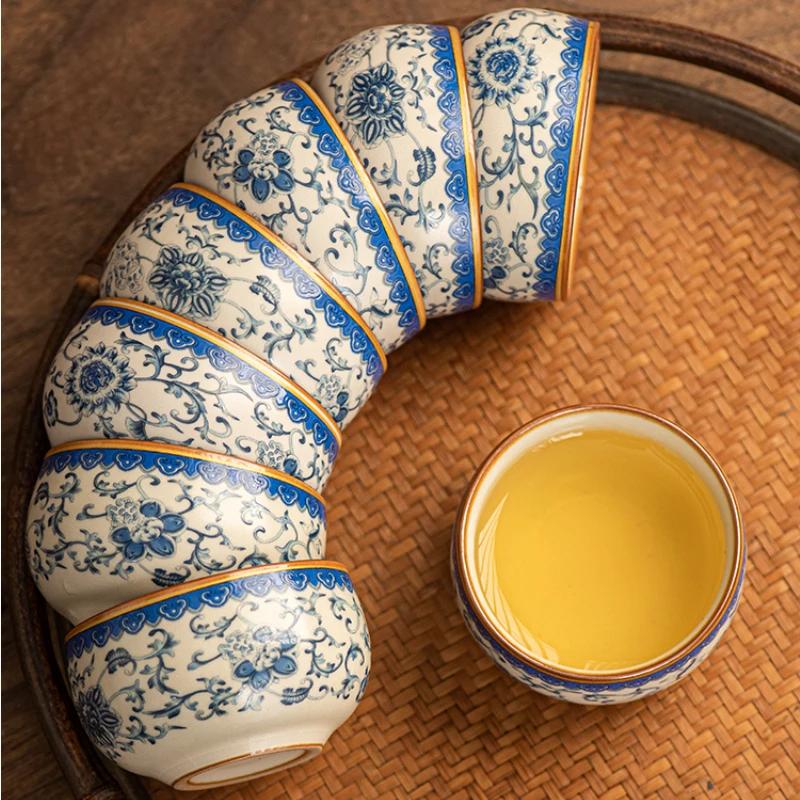 Ceramic Teacup Set 6pcs Kung Fu Tea Set Ru Kiln Qinghua Chinese Tea Table Tea Accessories
