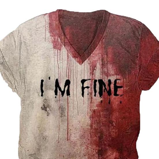 Halloween Blood Shirt Digital Print Blood Stains Text Tee Shirt Women V-neck Tops Casual Wear Funny Horror Clothes