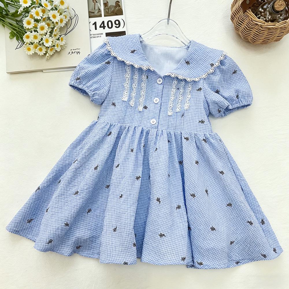 2026 New Korean Style Girls Plaid Summer Dress with Lace Trim, Doll Collar, Embroidered Puff Sleeves, Princess Design 110 cm