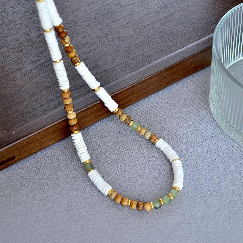 Niche Design Retro Literary Exaggeration White Shell Real Stone Splicing Beaded Holiday Style Necklace Female