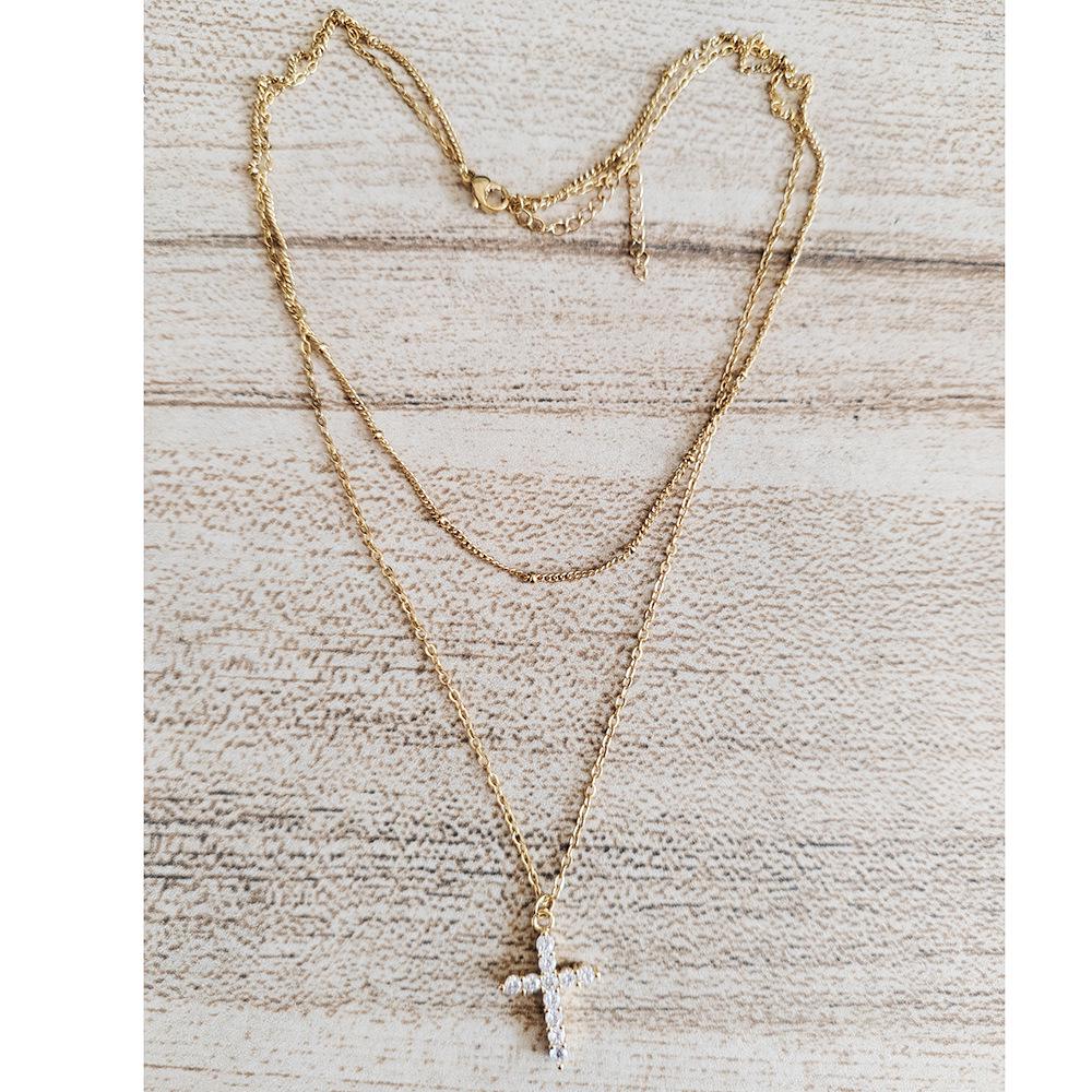 18K Gold Vacuum-Plated Double-Layer Stainless Steel Choker with Zircon Cross for Women