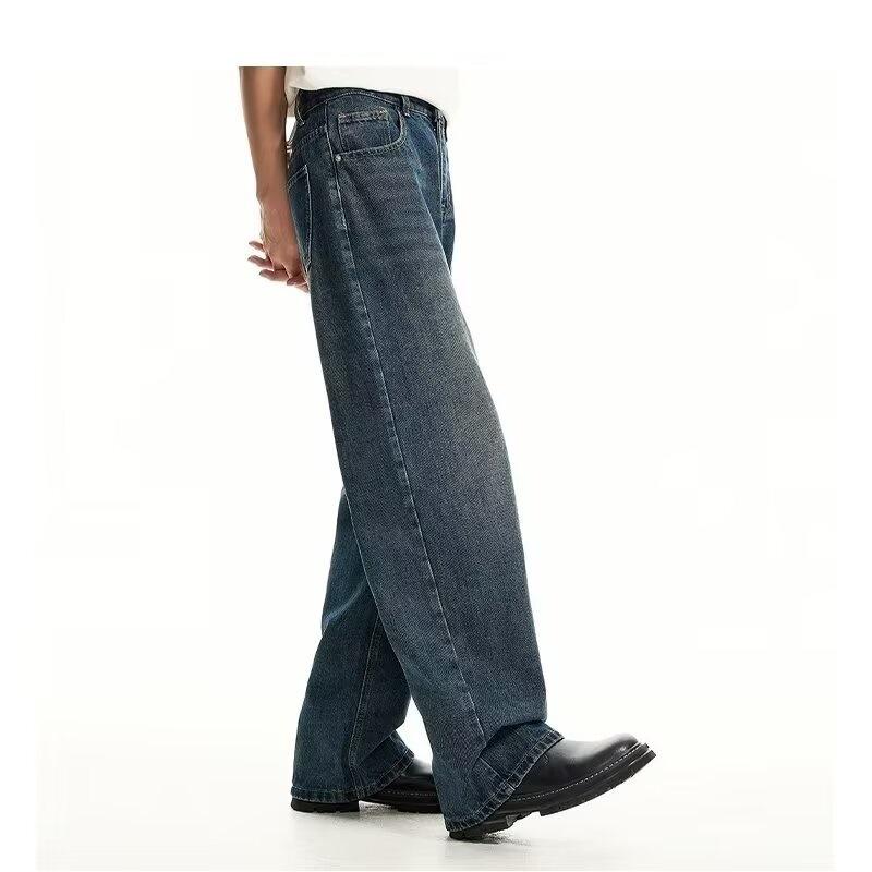 American retro jeans men's straight loose wide legs washed old high street pants trendy versatile casual trousers