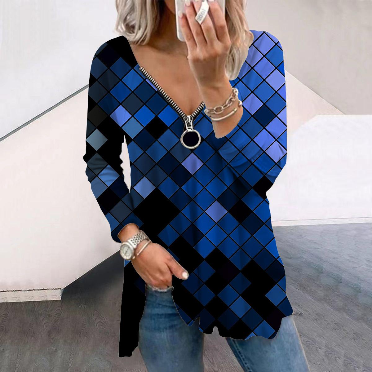 

Женские осенние квадратные блестящие футболки с длинным рукавом, свободные футболки с V-образным вырезом больших размеров, удобные блузки 8XL синий