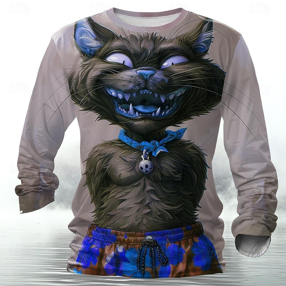 3D Print Cats Graphic Men's T-Shirts Fashion Creative Design Long Sleeve Round Neck Pullover Tops Autumn Casual Comfortable Tees