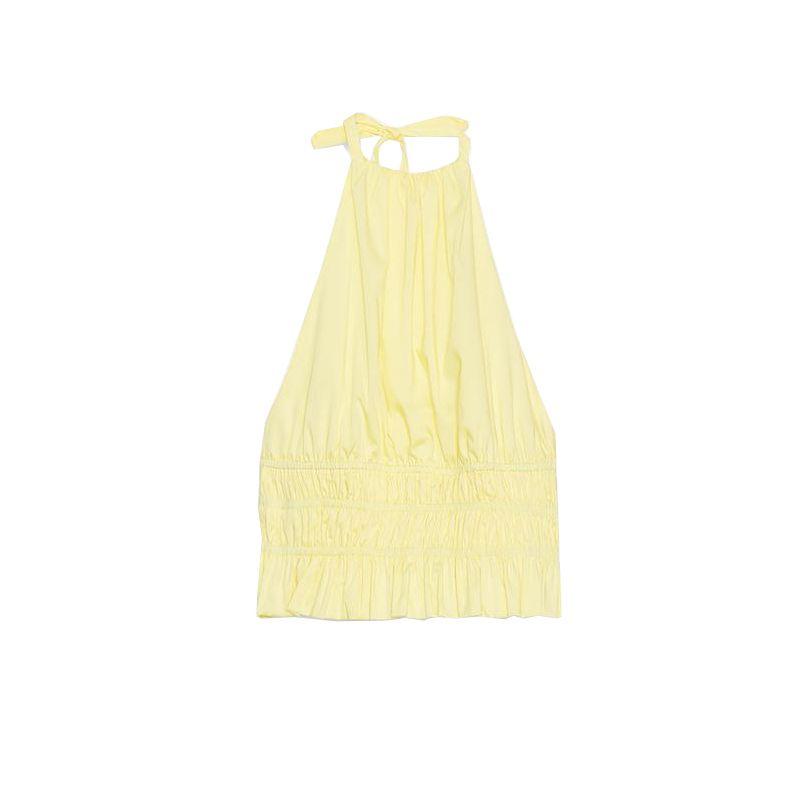 

Summer Women s Stretch Ruched Hem Silk Satin Stylish Textured Hanging Collar Open Back Short Top 3359920 Yellow L